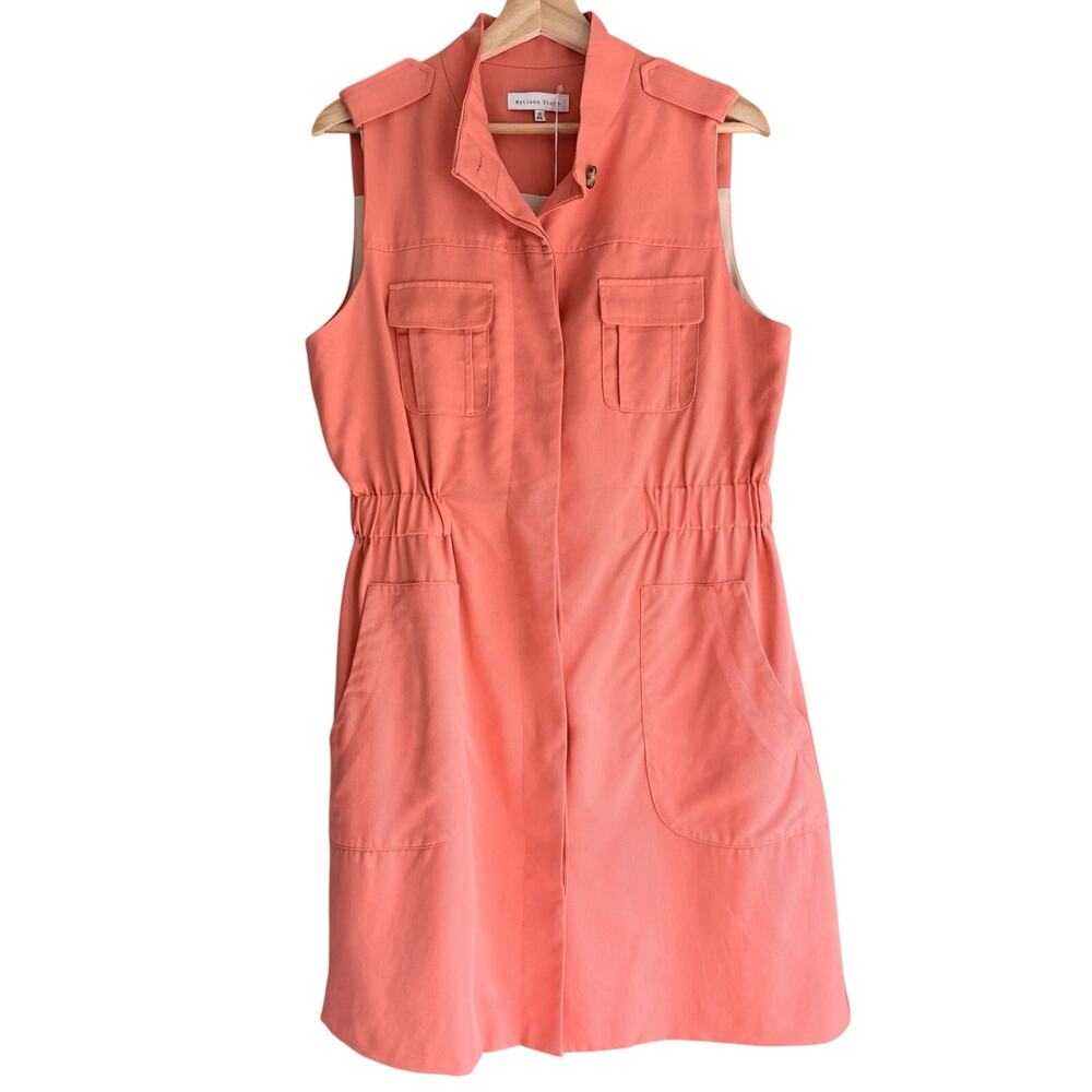Matison Stone Tencel Button Up Utility‎ Shirt Dress Pocket Lined Coral Peach 10